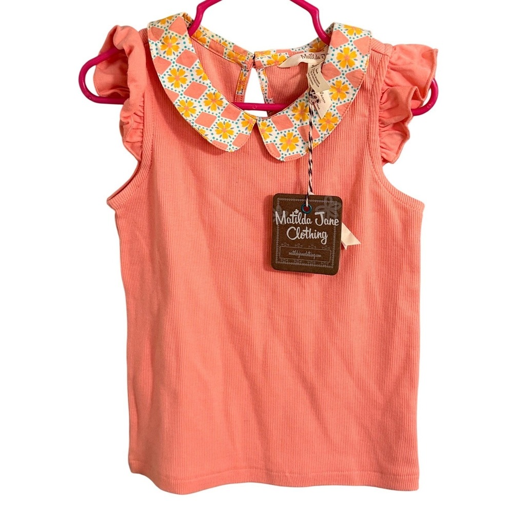 Matilda Jane Clothing Girls Coral Ribbed Ruffle Sleeve Collared Top Size 2 4‎